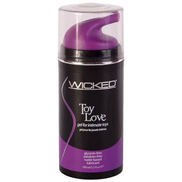 Wicked Toy Love 100 ml, black pump bottle with purple top, gel for intimate toys label