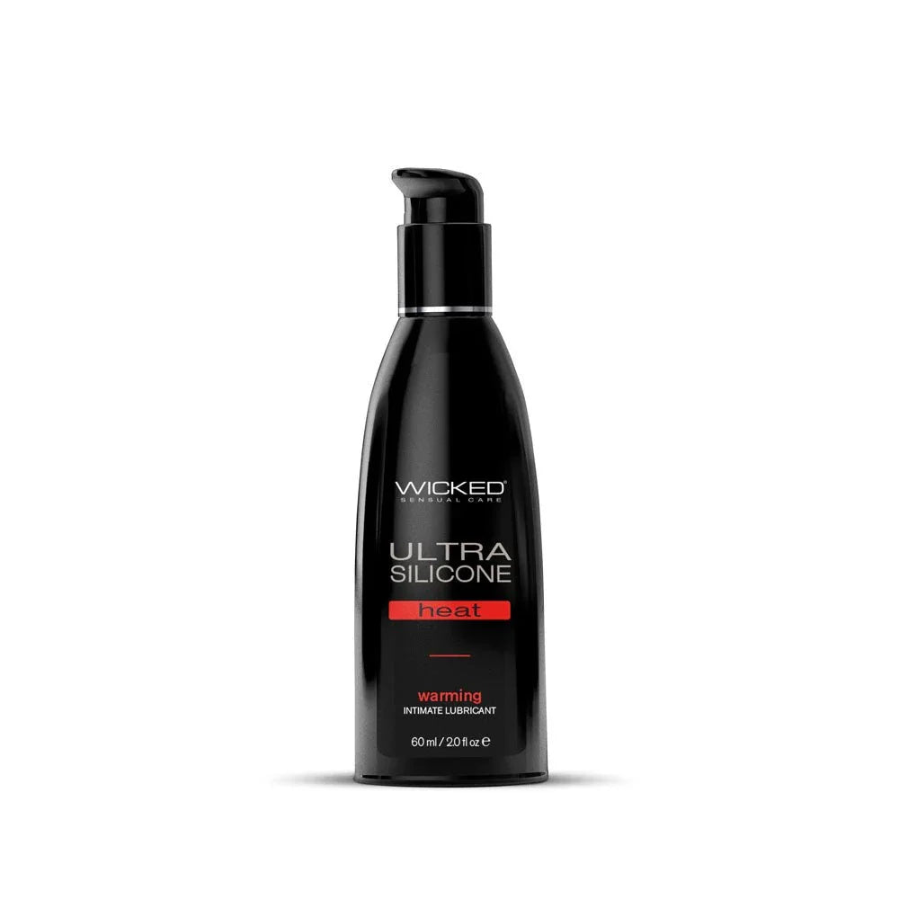 Wicked Ultra Heat 60 ml, front of the black silicone lube bottle with the red heat label