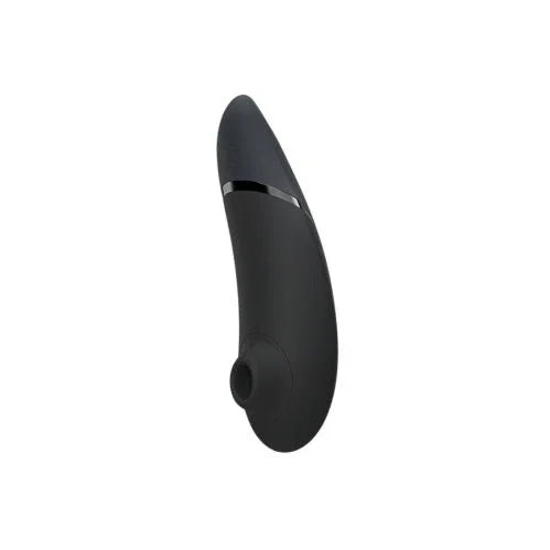 Womanizer Next in Black, curved body with chrome trim, angled view