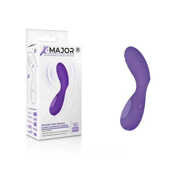 X Major rechargeable finger vibe in Purple, curved ribbed tip beside its box