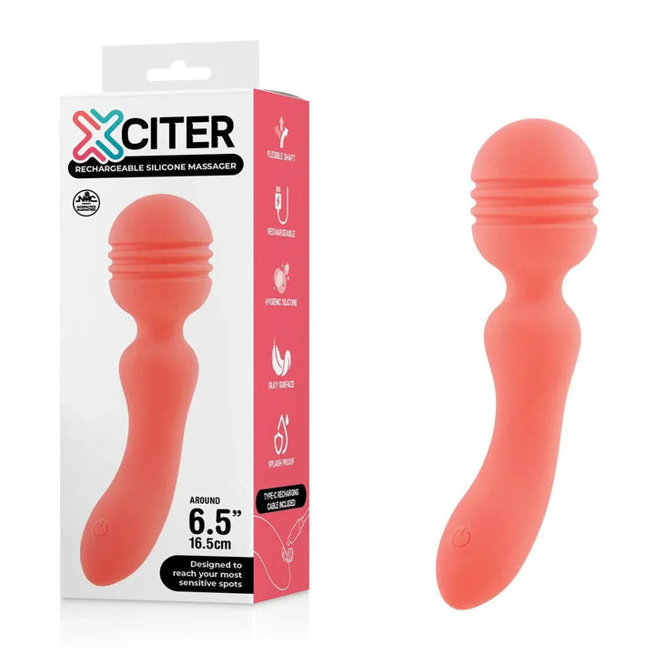 Xciter 16.5 cm massage wand in Orange, coral-toned, beside its pink box