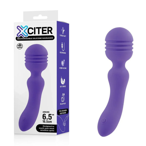Xciter 16.5 cm massage wand in Purple, ribbed head, beside its purple box