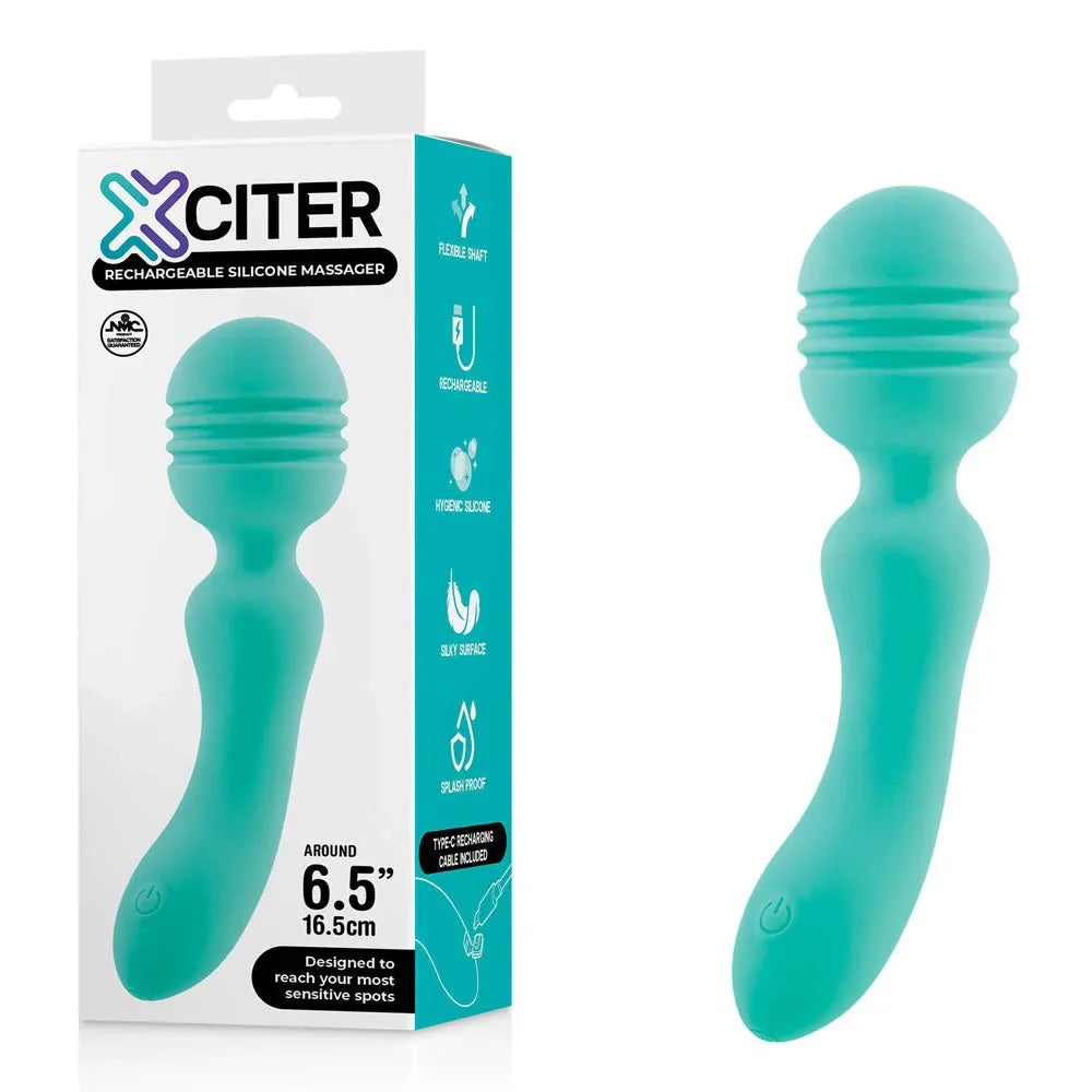 Xciter 16.5 cm massage wand in Teal, curved handle, beside its teal box