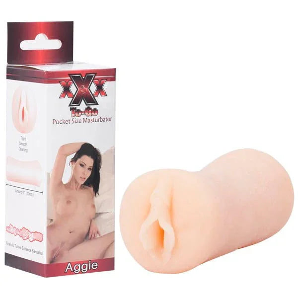 XXX To Go Aggie pocket vagina stroker in Flesh, beside its photo box