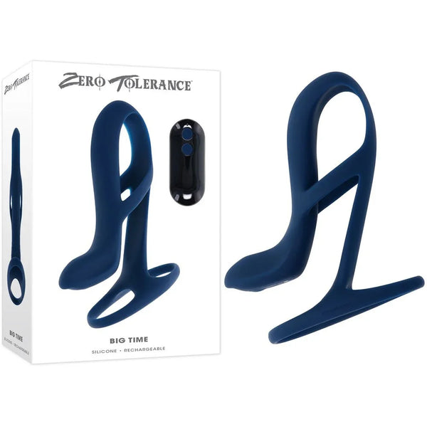 Zero Tolerance Big Time navy blue vibrating penis sleeve and remote, beside its retail box
