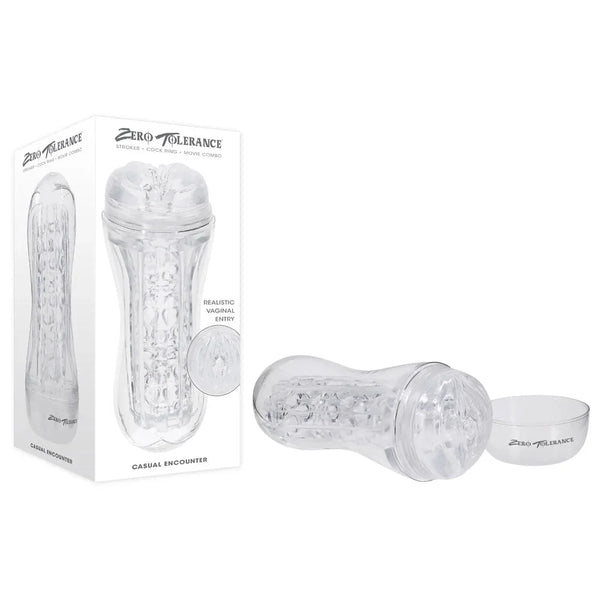 Zero Tolerance Casual Encounter clear vagina stroker shown beside its retail box