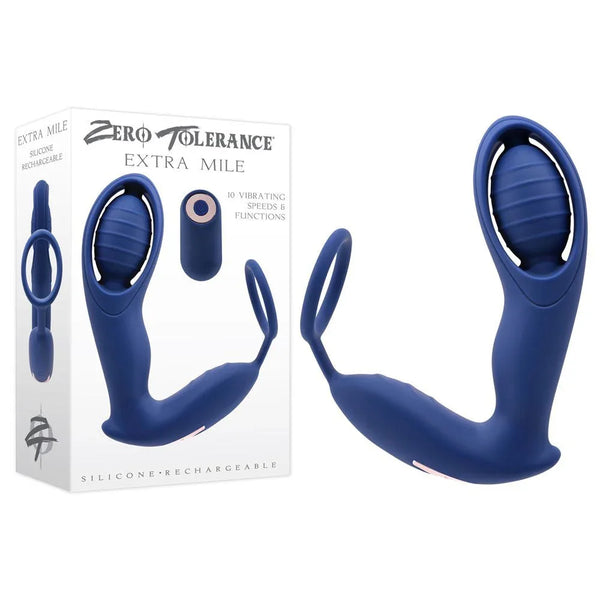 Zero Tolerance Extra Mile retail box beside the blue prostate massager and cock ring