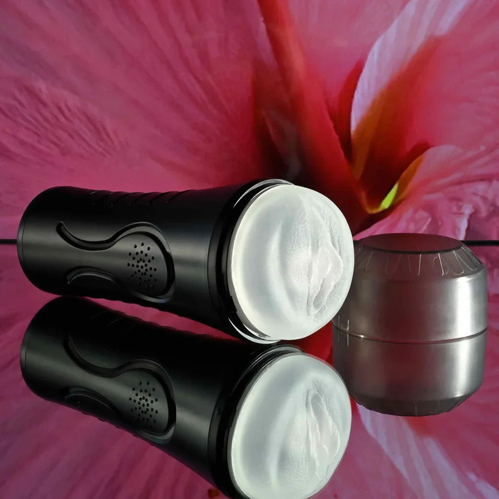 Hold Tight strokers lying on a pink hibiscus backdrop with the end cap beside them