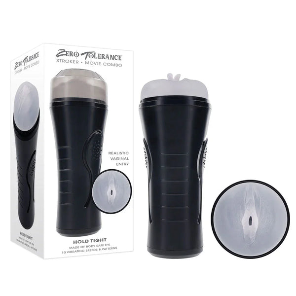 Zero Tolerance Hold Tight retail box beside the black stroker and clear sleeve
