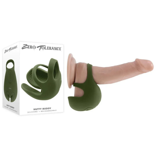 Zero Tolerance Nutty Buddy olive green cock and ball ring shown fitted to a demo dildo