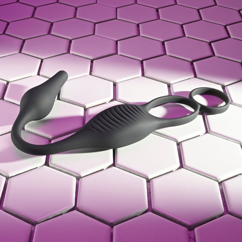 Zero Tolerance PLUG & TUG - Black USB Rechargeable Vibrating Cock Ring with Anal Plug – Sex toys NZ by Naughtyhut. Discreet delivery nationwide.