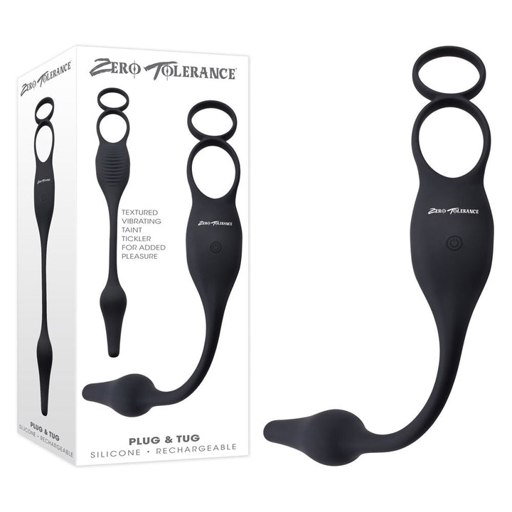 Zero Tolerance PLUG & TUG - Black USB Rechargeable Vibrating Cock Ring with Anal Plug – Sex toys NZ by Naughtyhut. Discreet delivery nationwide.