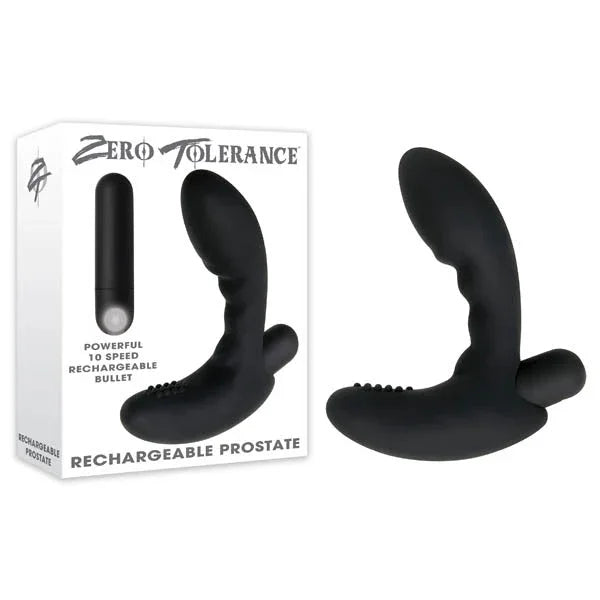 Zero Tolerance Rechargeable Prostate massager in black with its bullet, beside the retail box