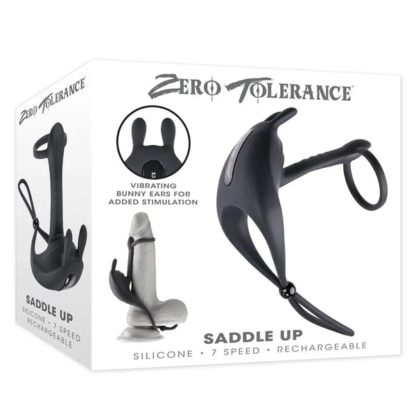 Zero Tolerance Saddle Up retail box showing the black vibrating cock and ball rings