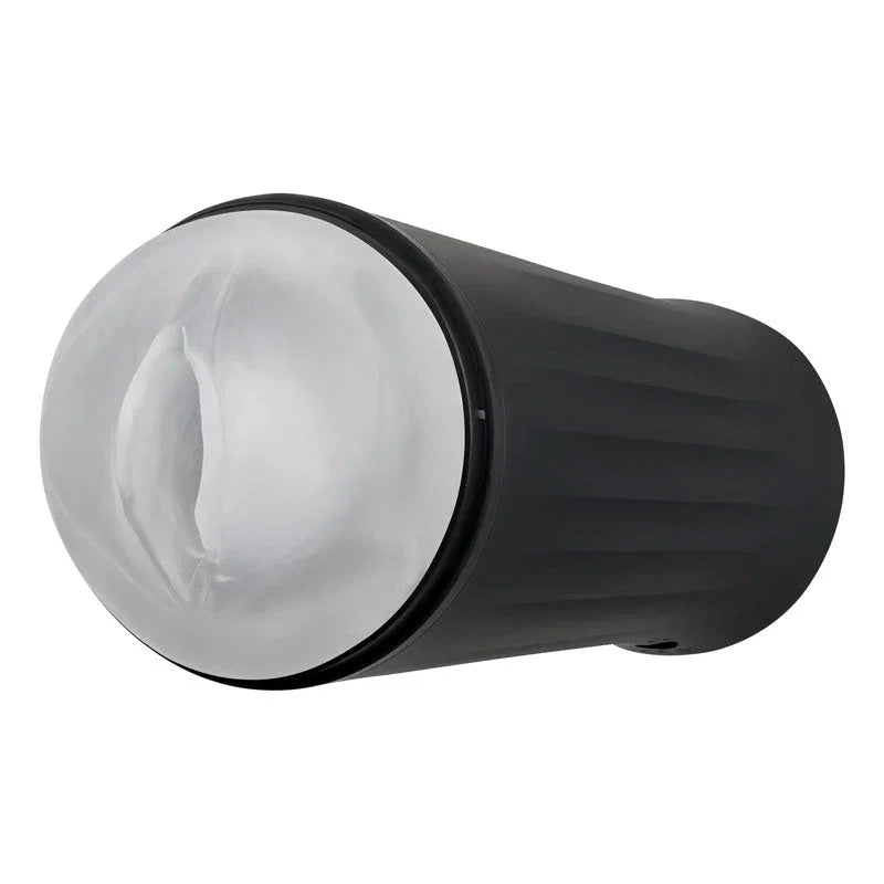 The clear vaginal sleeve seated in the black stroker case, opening upward