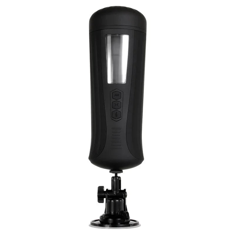Stroker standing upright on its suction mount, control buttons on the case