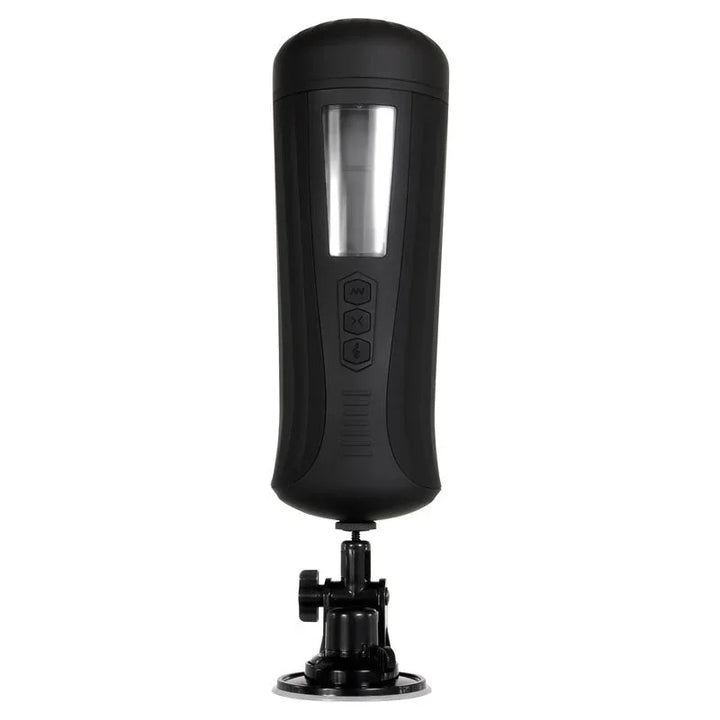 Stroker standing upright on its suction mount, control buttons on the case