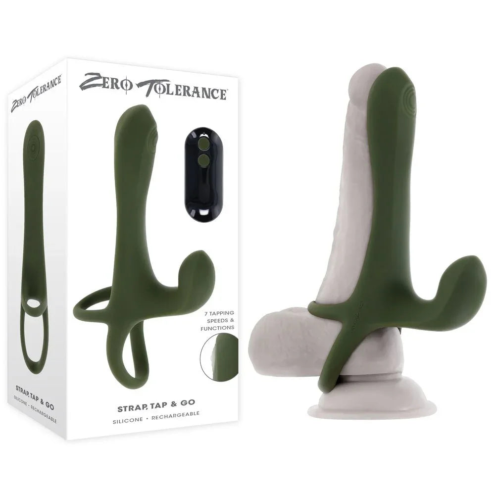 Zero Tolerance Strap, Tap & Go green sleeve and remote, shown fitted to a demo dildo