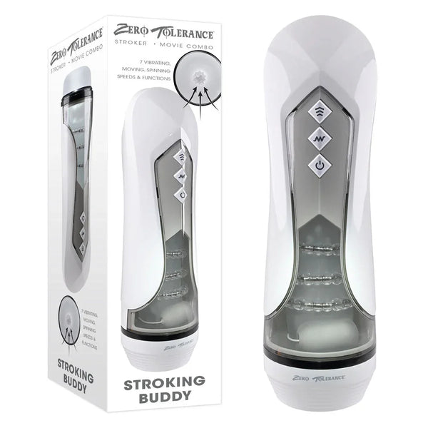 Zero Tolerance Stroking Buddy retail box beside the white thrusting stroker