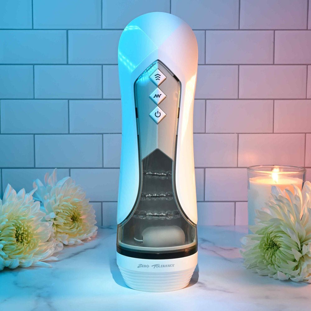 Zero Tolerance STROKING BUDDY - White USB Rechargeable Vibrating & Thrusting Stroker – Sex toys NZ by Naughtyhut. Discreet delivery nationwide.