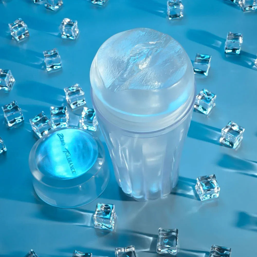 The Clear Choice upright among ice cubes with the end cap beside it
