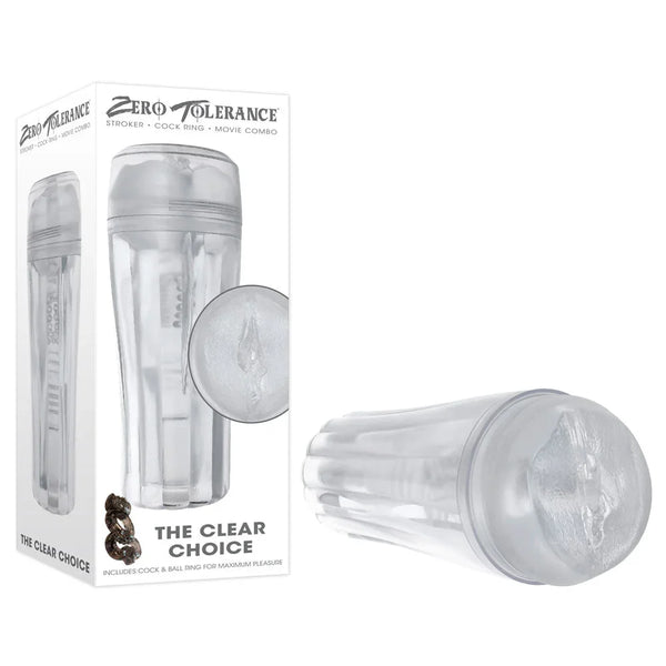 Zero Tolerance The Clear Choice retail box beside the clear vagina stroker