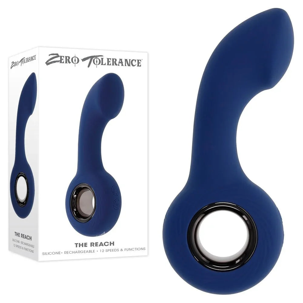 Zero Tolerance The Reach retail box beside the navy silicone massager