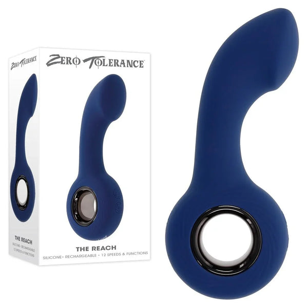 Zero Tolerance The Reach retail box beside the navy silicone massager