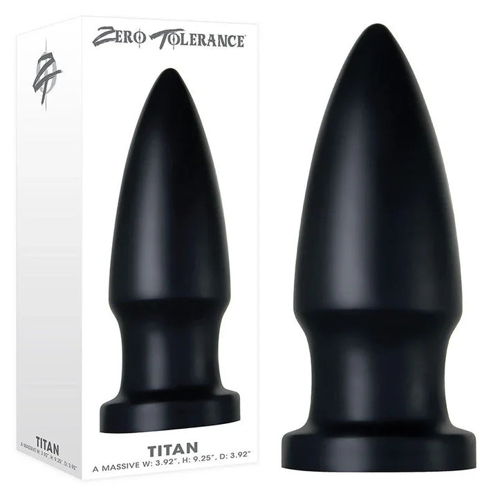 Zero Tolerance The Titan black butt plug standing beside its retail box