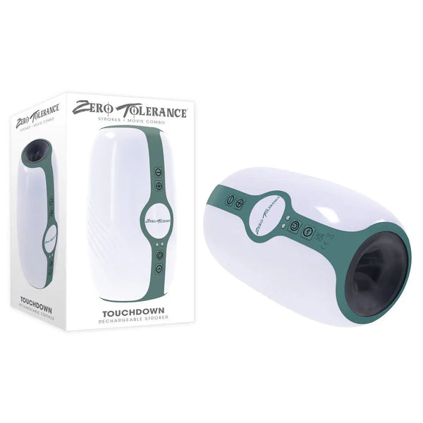 Zero Tolerance Touchdown white and teal tightening stroker beside its retail box