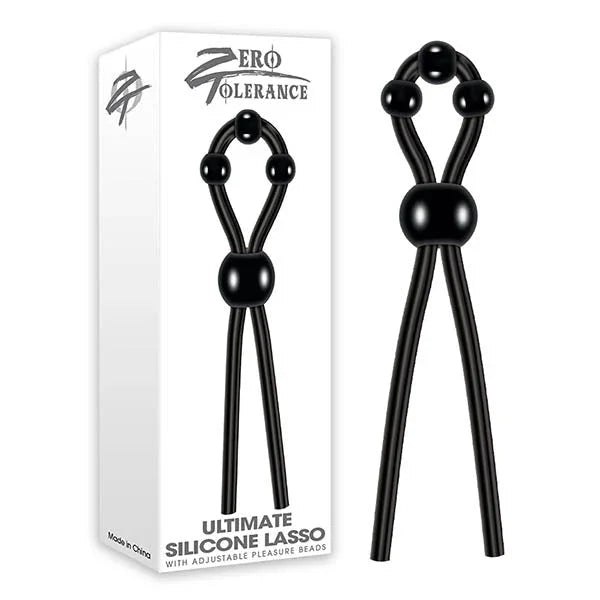 Zero Tolerance Ultimate Silicone Lasso: black adjustable cock ring with beads, beside its box
