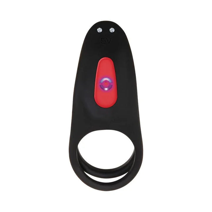 Girth Enhancer control end flat, showing the red button and cock ring
