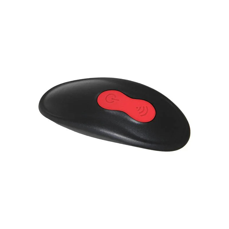 The Girth Enhancer's black wireless remote with red buttons, angled