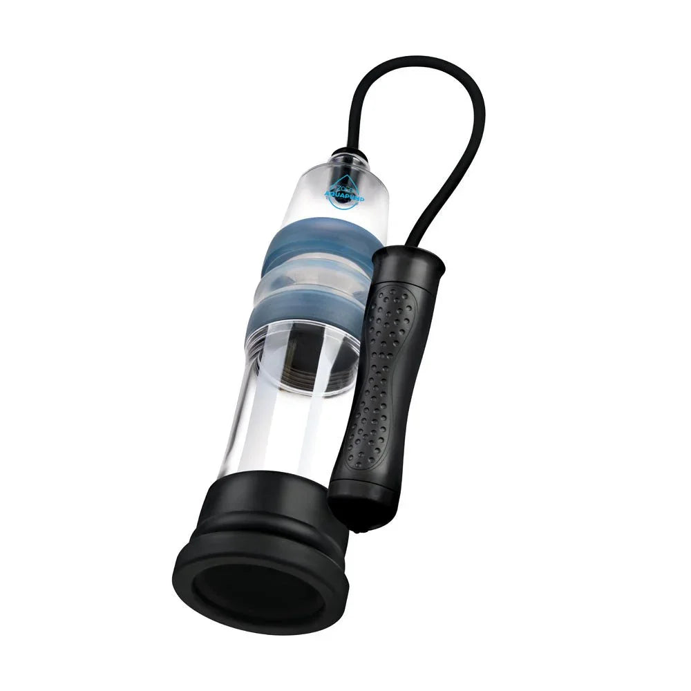 Zolo Aquapump Auto Pro in Clear, tilted, black handheld pump unit on the hose