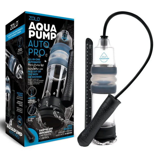 Zolo Aquapump Auto Pro retail box beside the clear pump and its printed measuring strip