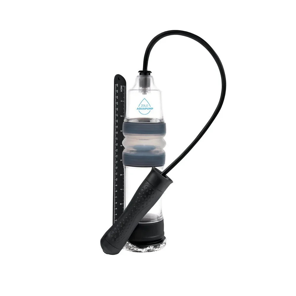 Zolo Aquapump Auto Pro standing upright next to its inch and centimetre gauge strip