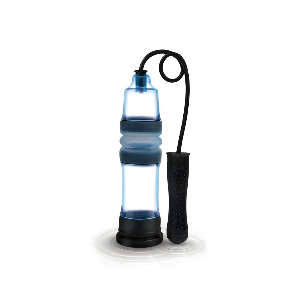 Zolo Aquapump Compact Auto in Blue standing in shallow water with the pump unit resting beside it