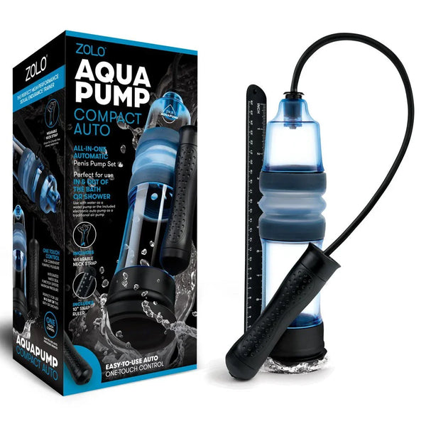 Zolo Aquapump Compact Auto retail box beside the blue pump and its measuring strip