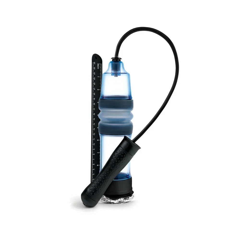 Zolo Aquapump Compact Auto in Blue upright beside its inch and centimetre gauge strip