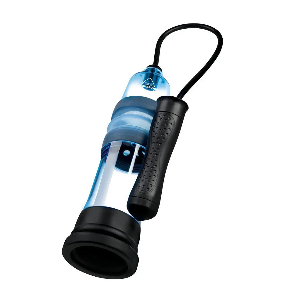Zolo Aquapump Compact Auto in Blue, tilted, with the black handheld pump unit alongside