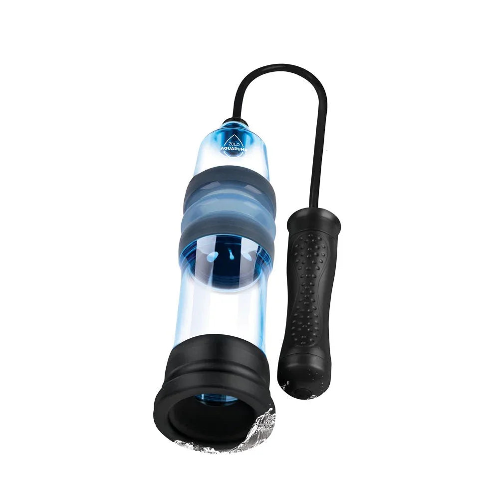 Zolo Aquapump Compact Auto in Blue, angled to show the black silicone base sleeve