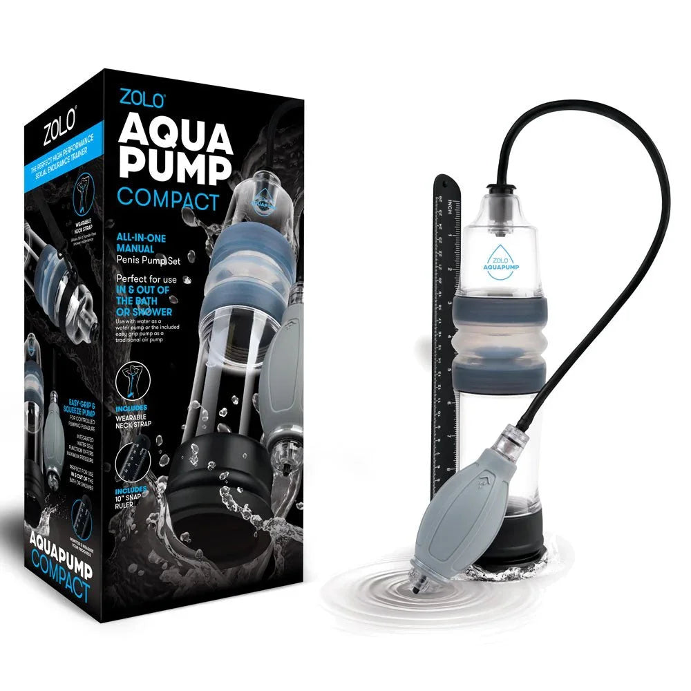 Zolo Aquapump Compact retail box beside the clear manual pump and its measuring strip