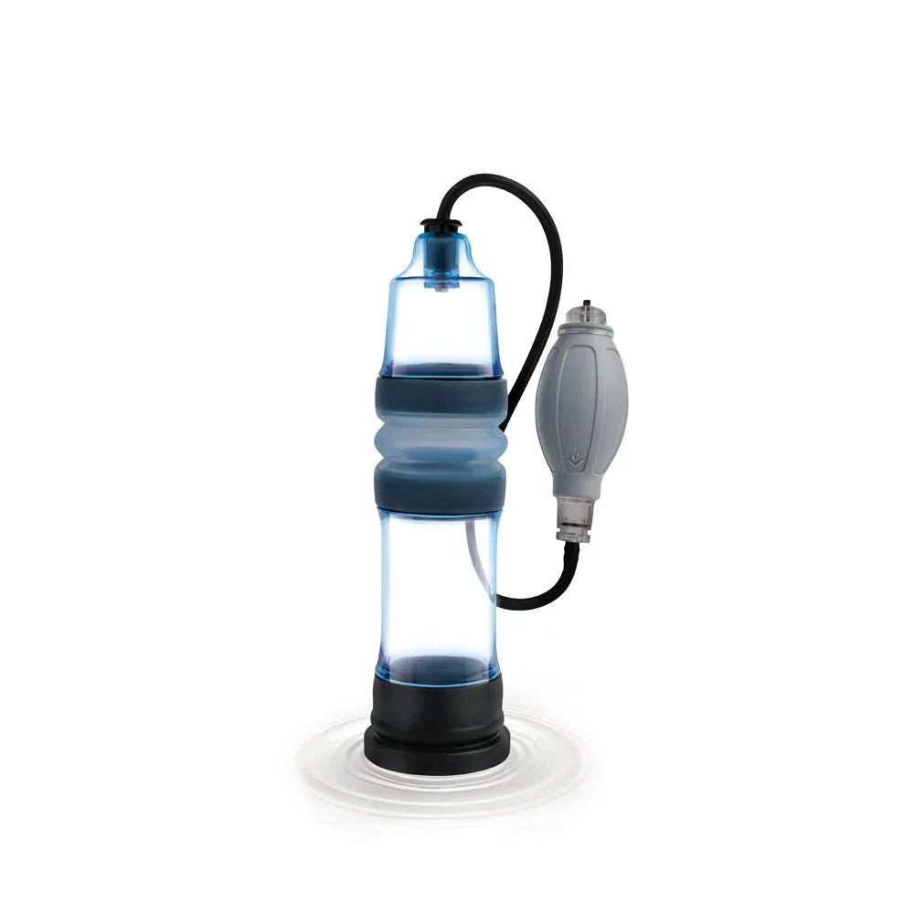 Zolo Aquapump Pro in Blue standing in shallow water with the grey hand bulb beside it