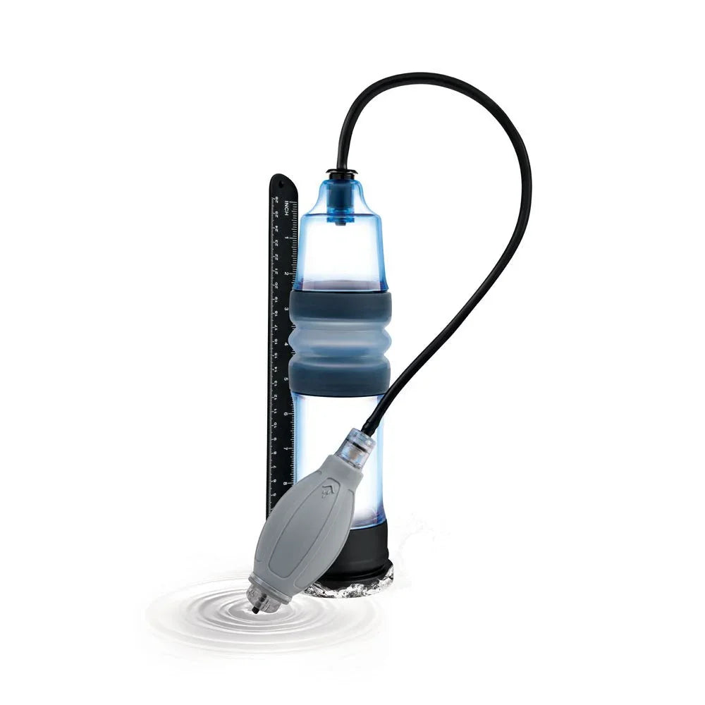 Zolo Aquapump Pro in Blue upright against its inch and centimetre gauge strip