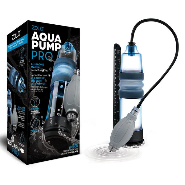 Zolo Aquapump Pro retail box beside the blue-tinted pump standing in water ripples