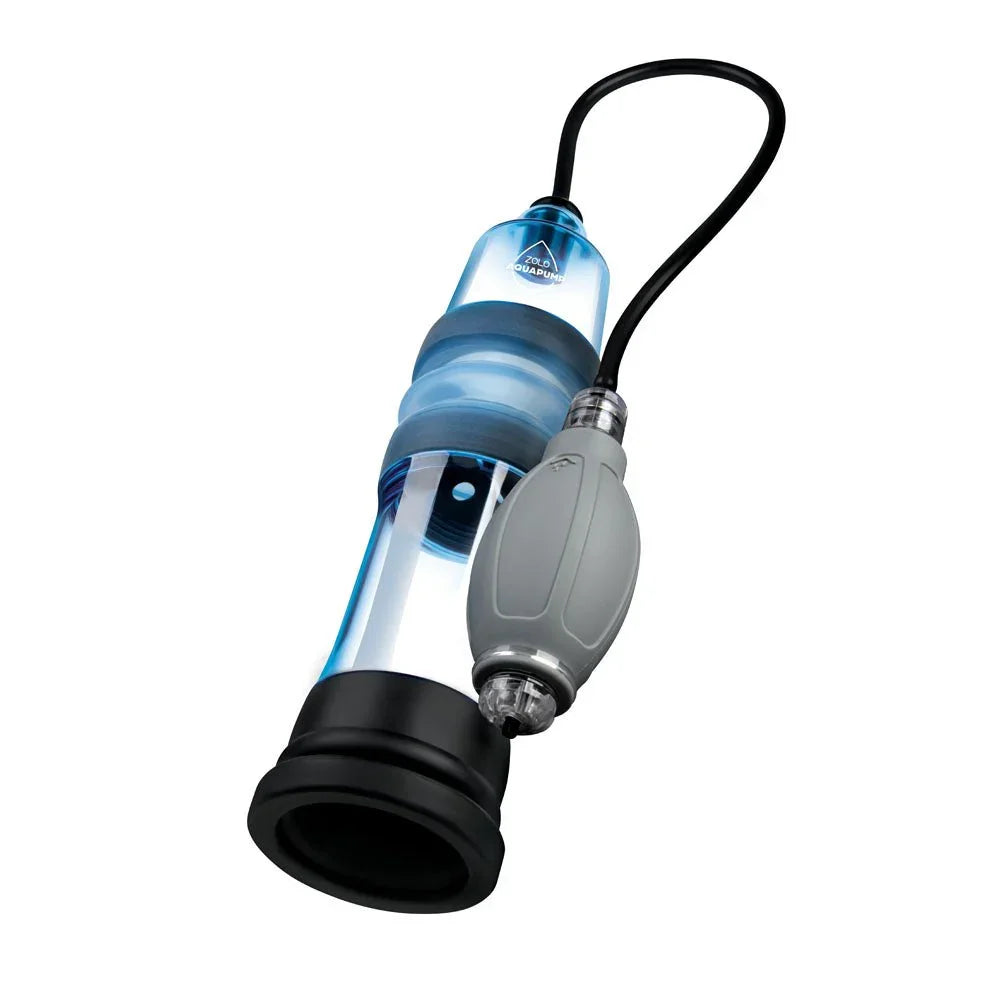 Zolo Aquapump Pro in Blue, tilted, grey squeeze bulb attached to the hose