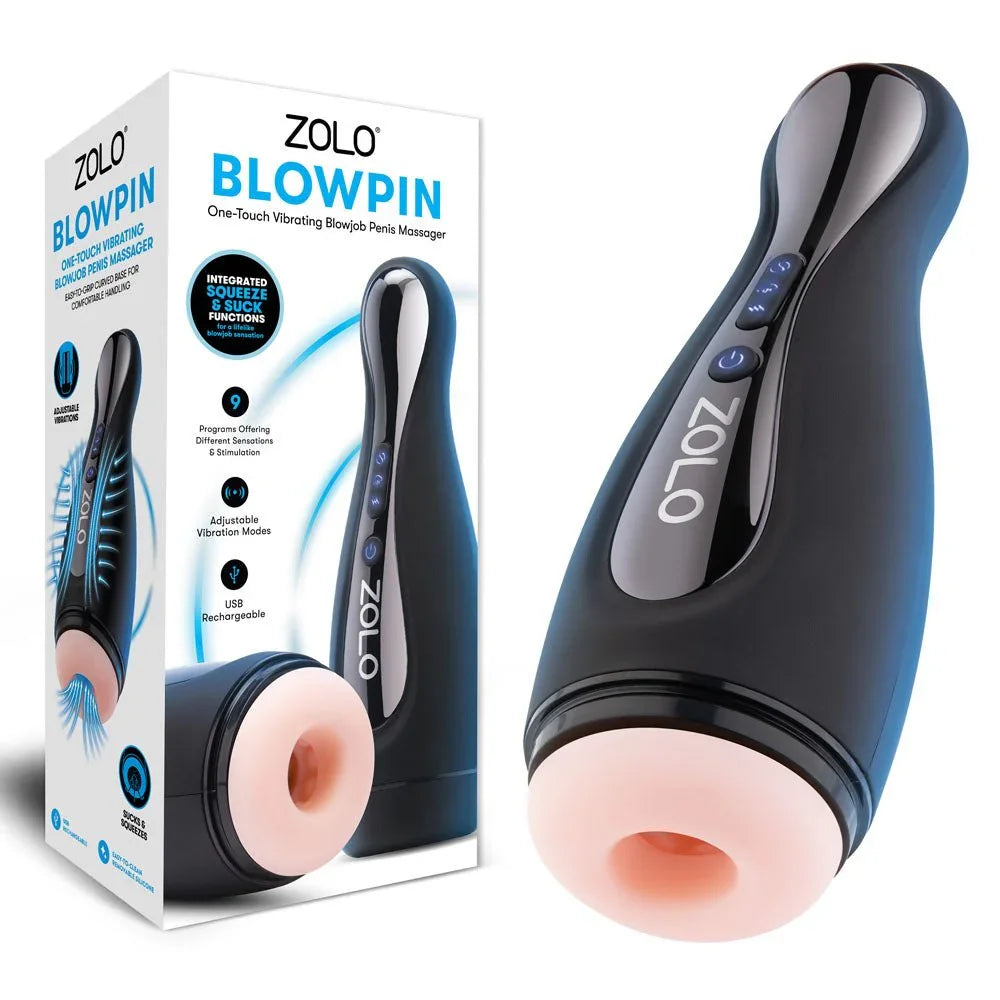 Zolo Blowpin retail box beside the black handheld unit with its flesh sleeve