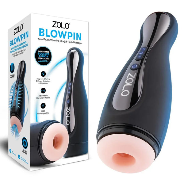 Zolo Blowpin retail box beside the black handheld unit with its flesh sleeve