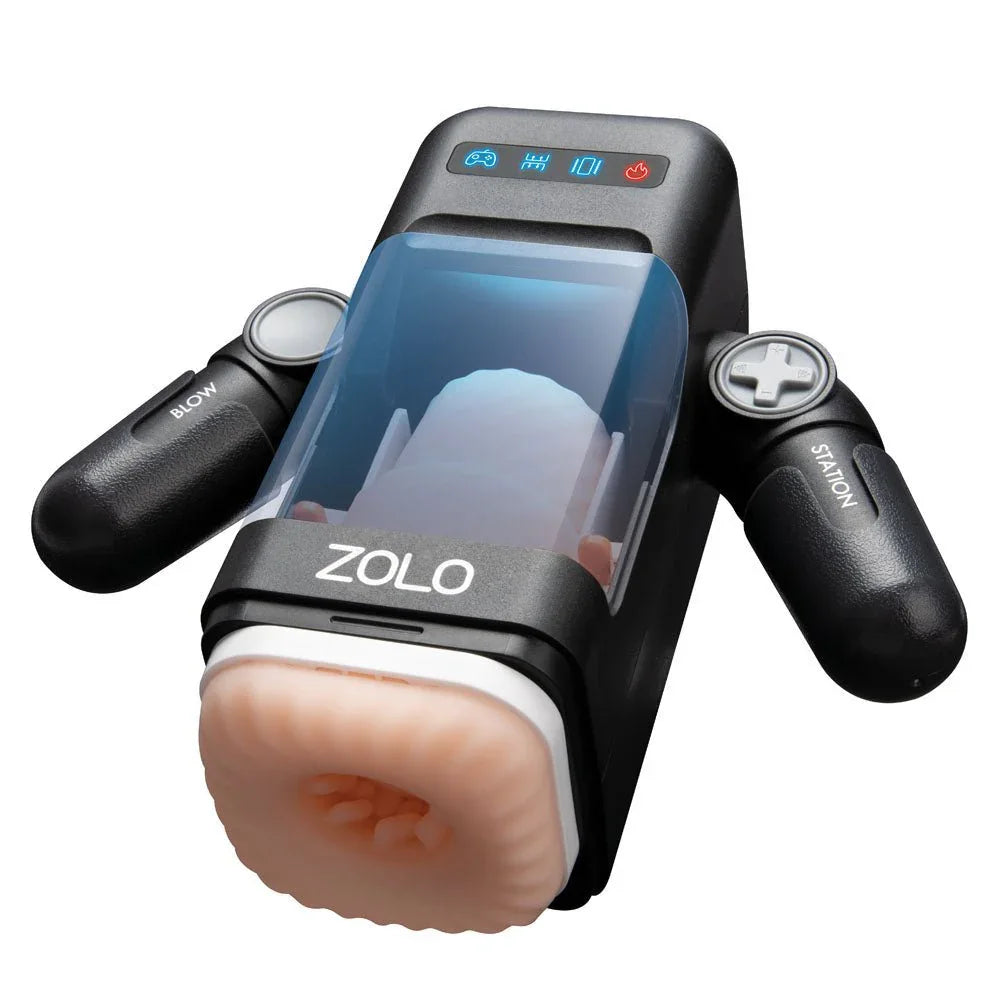 Zolo Blowstation in Black tilted, showing the clear window over the flesh sleeve