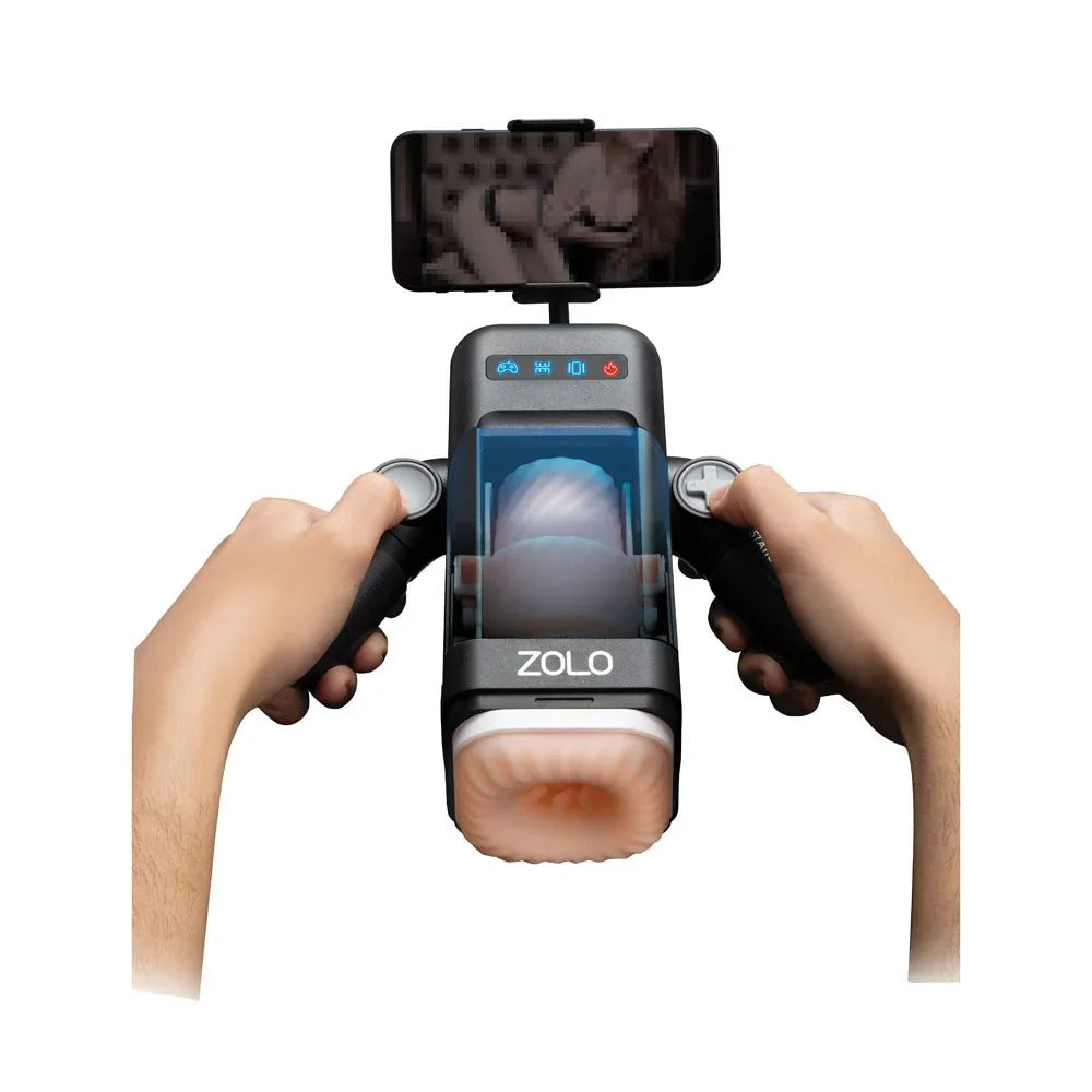 Zolo Blowstation held in two hands by its grips, phone mounted above the sleeve